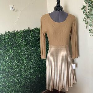Calvin Klein Tan and Cream Long Sleeve Knit Dress